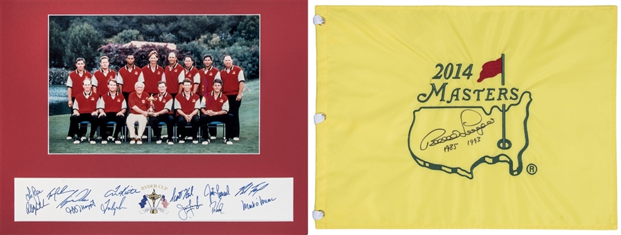 Lot of (2) Golf Champions Signed Memorabilia: 1997 Ryder Cup Team USA Signed Display & Bernard Langer Signed Masters Flag (JSA)